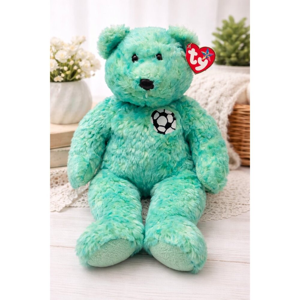 Retired TY Beanie Buddy Green Soccer Bear 14 Inch Plush w Tag